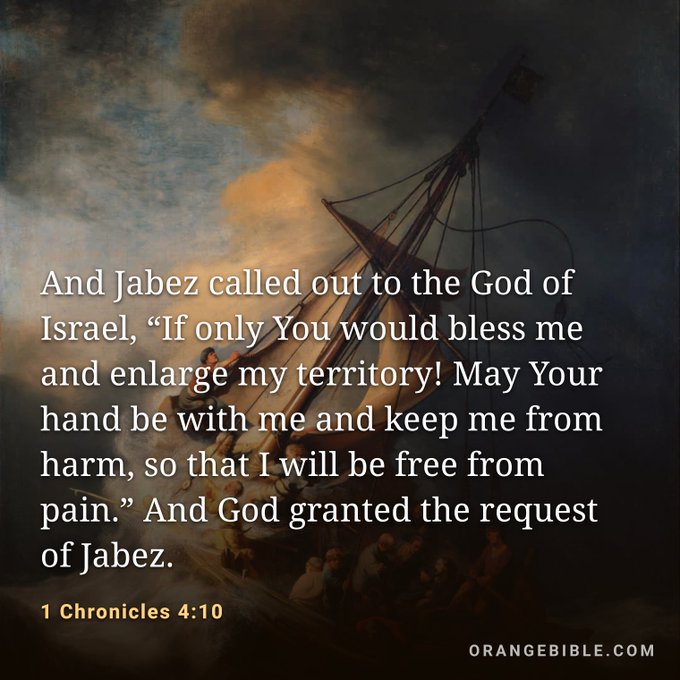 A Bible verse from 1 Chronicles 4:10 is overlaid on a classical painting of a ship in a stormy sea, with the text quoting Jabez's prayer for blessing and protection, and the watermark 'ORANGEBIBLE.COM'.