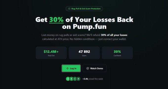 "Pump Fun Team is introducing the first-ever Victim Recovery Program in the memecoin space! If you lost funds on a rug pull, you can now recover up to $SOL in cashback. Claim your recovery here: protection-pump.fun/cashback #SOL". The post also mentions the price of the victim protection program as $SOL and the maximum reward that users can receive is 30%. There are no other texts or details related to this specific post.