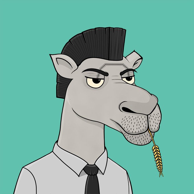 Cartoon illustration of a gray horse character with a black mohawk hairstyle, wearing a white shirt and black tie, holding a stalk of wheat in its mouth against a teal background.