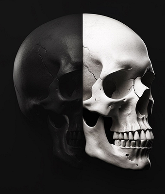 A digital artwork of a skull split down the middle, with one side in black shadow and the other in white light.