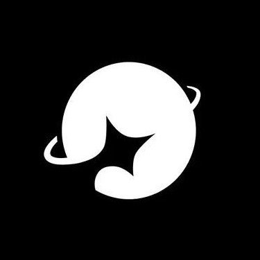 A minimalist white logo on a black background depicting a stylized crescent or planet shape with a small star or sparkle at its center.