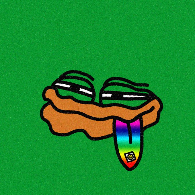 A cartoon-style illustration of a hotdog with sunglasses and a rainbow-colored tongue sticking out, set against a solid green background.