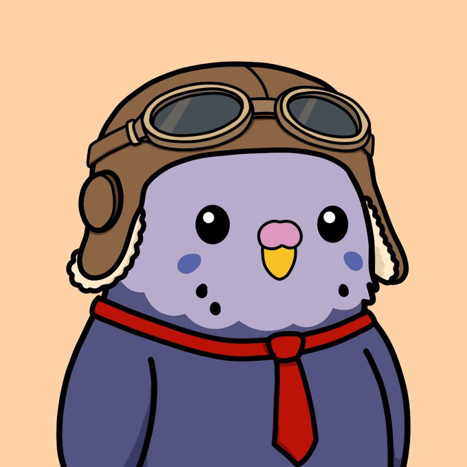 An illustration shows a purple bird character wearing a brown aviator cap with goggles and a red necktie against a peach background.