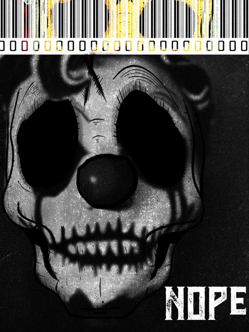A black-and-white horror-style skull poster with barcode-like graphics and the word “NOPE” at the bottom right.