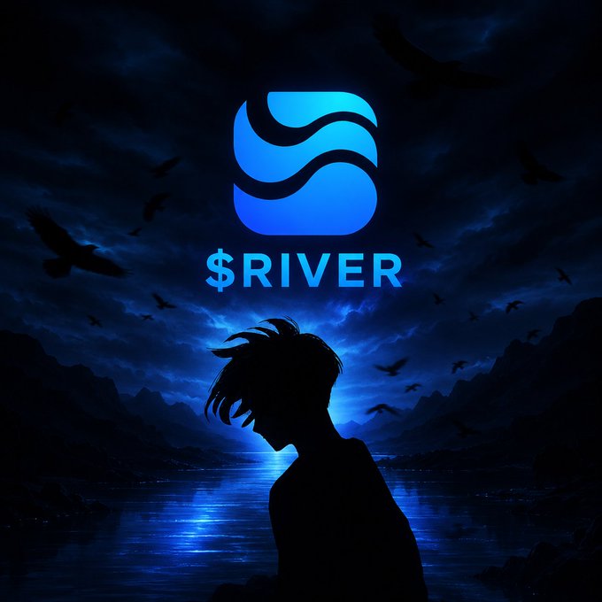 The image features a person sitting by a body of water with mountains in the background. The person's silhouette creates a striking contrast against the dark blue sky, which has a gradient effect from light to dark. Below this scene, there are birds flying around, adding life and movement to the image. In the top right corner of the image, there is an advertisement for "River", which is a logo for a Web3 project called Ripple. The text on the image reads: "RIVER is proving that solid Web3 projects don'T need constant hype. Quiet consistency beats loud promises."