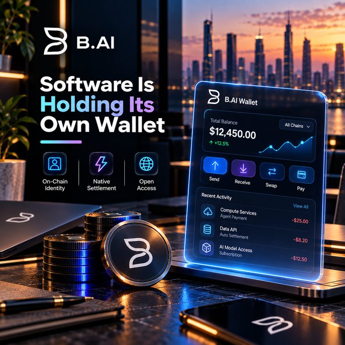 A promotional graphic for 'B.AI' with the tagline 'Software Is Holding Its Own Wallet,' featuring a laptop displaying the B.AI Wallet interface with a $12,450.00 balance, alongside stacked crypto coins and a city skyline.
