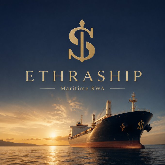 An advertisement for 'ETHRASHIP Maritime RWA' featuring a gold anchor logo and a cargo ship at sunset.