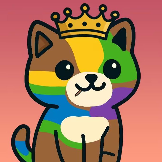 A cartoon cat with patches of various colors including brown, yellow, green, purple, and blue wears a golden crown on its head against a pink background.