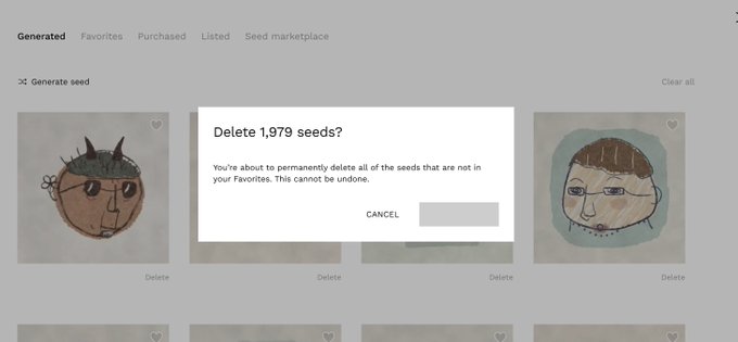 A screenshot shows a user confronting a "Delete 1,979 seeds?" confirmation dialog within the Verse generative seed marketplace, underscoring the post's complaint about running out of storage space. The prompt warns that deleting will permanently remove seeds not saved to Favorites and cannot be undone.