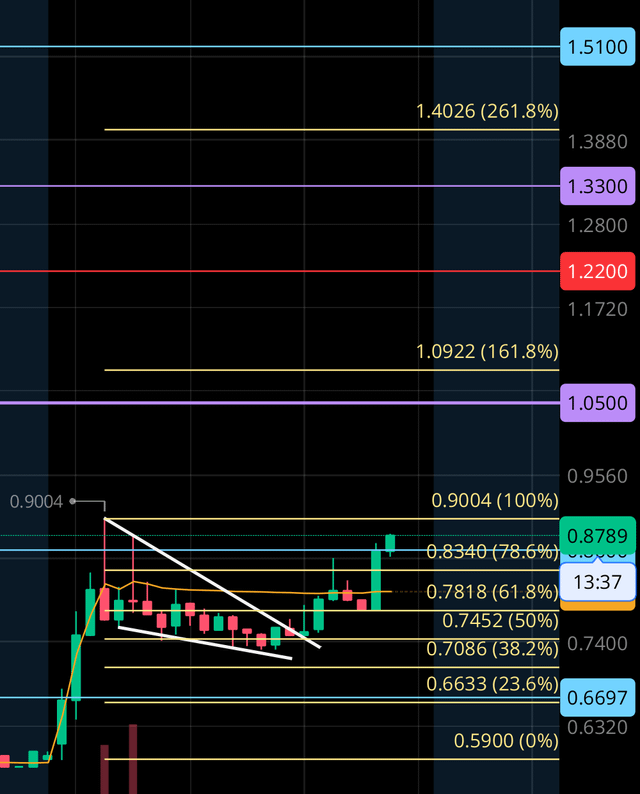 A financial candlestick chart showing Fibonacci retracement levels (0% to 261.8%) with key price points marked, including 0.9004 (100%) and resistance levels at 1.2200 and 1.3300.