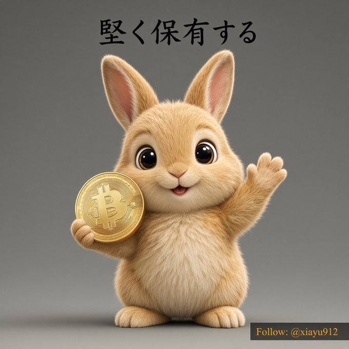 Cute illustrated rabbit holding a gold Bitcoin coin with Japanese text '堅く保有する' (Hold firmly) and 'Follow: @xiayu912' watermark.