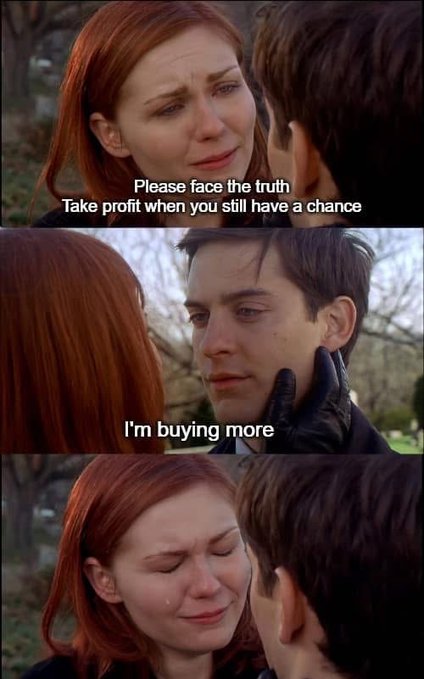 A Spider-Man movie meme showing Mary Jane telling Peter Parker, "Please face the truth / Take profit when you still have a chance," and Peter responding, "I'm buying more."