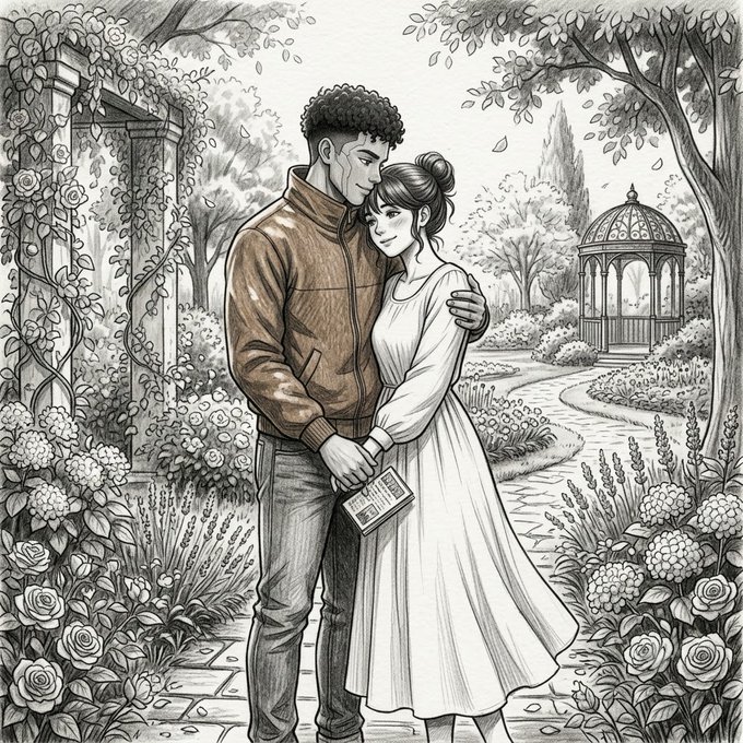 A pencil-sketch style illustration depicting a young couple embracing in a garden setting with roses, trees, and a gazebo in the background.