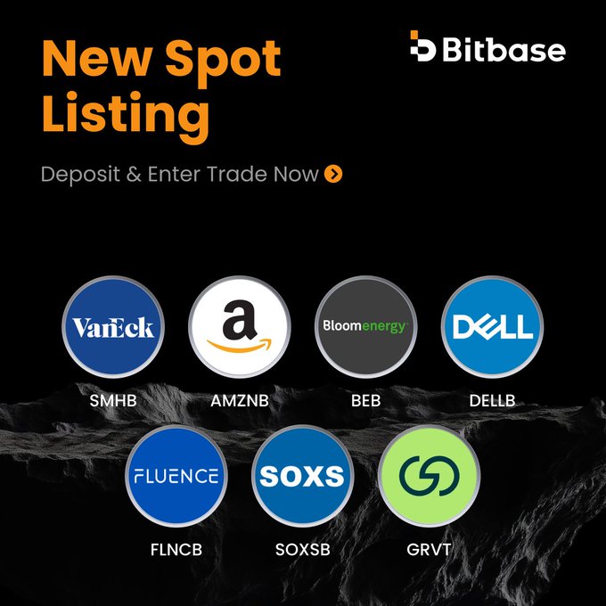 Bitbase announces a new spot listing featuring seven trading pairs (SMHB/USDT, AMZNB/USDT, BEB/USDT, DELLB/USDT, FLNCB/USDT, SOXSB/USDT, and GRVT/USDT) going live at 9:00 am UTC on July 31, 2026, with logos for Varick, Amazon, Bloom Energy, Dell, Fluence, SOXS, and GRVT displayed prominently on a dark background.