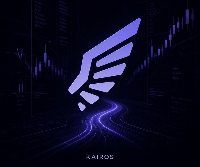 A digital graphic featuring a stylized purple wing or leaf logo with the text "KAIROS" at the bottom, set against a dark background with candlestick financial charts and glowing light trails.