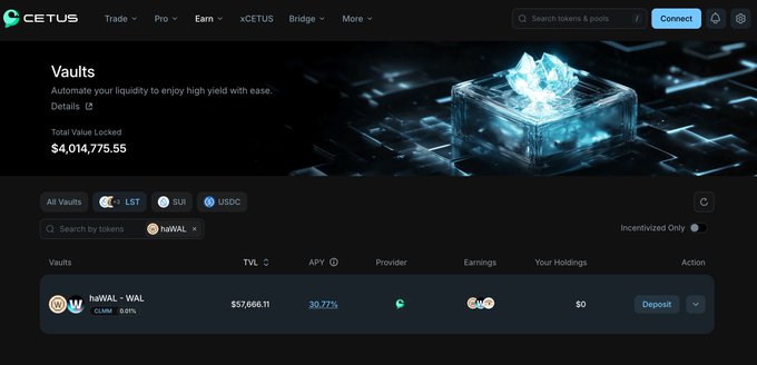 Screenshot of Cetus Protocol's Vaults page filtered by the haWAL token, showing a single haWAL·WAL vault offering ~30.77% APY with a TVL of $576,661.11, which supports the post's claim about earning yield on $WAL through Haedal Protocol and the Cetus haWAL/WAL vault.

(Public message: from m00n)

Should we look into adding a USDC or sui pair on our lending platform for these types of yields?