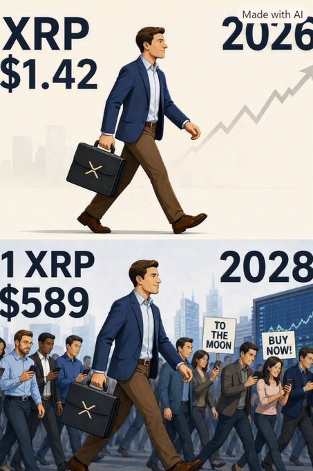 The image contrasts two scenes of a businessman walking confidently with an XRP-branded briefcase: the top panel shows him alone in 2026 with XRP at $1.42, while the bottom panel depicts him in 2028 as a celebrated figure amid a crowd holding "TO THE MOON" signs, with XRP valued at $589.

The caption reinforces the post's message of delayed vindication—mocking current doubters who will eventually attribute his XRP wealth to "luck" once the price surges 400x, ignoring the persistence and foresight shown in his steady, purposeful stride through both eras.