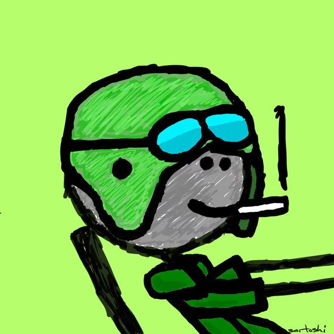 A cartoon illustration of a figure wearing a green helmet and blue sunglasses, smoking a cigarette against a light green background.