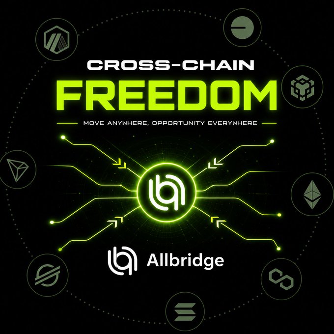 Promotional graphic for Allbridge titled 'CROSS-CHAIN FREEDOM' with the tagline 'MOVE ANYWHERE, OPPORTUNITY EVERYWHERE', featuring the Allbridge logo surrounded by various cryptocurrency icons.