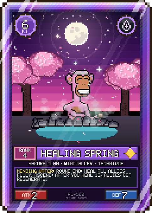 A pixel art trading card titled 'Healing Spring' featuring a monkey in a hot spring under cherry blossoms, with stats ATK 2 and DEF 7.