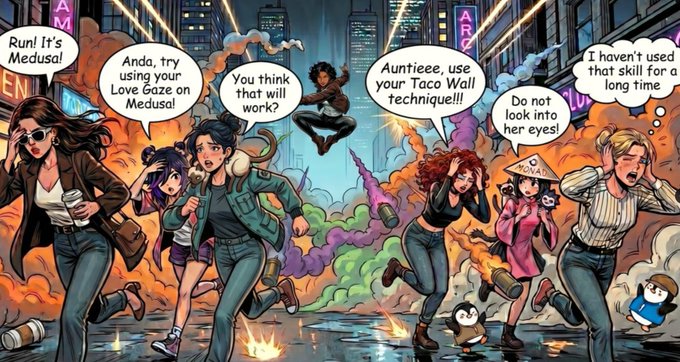 The image features a cartoon scene of six women running through a city street, with buildings and neon lights in the background. One woman is wearing sunglasses and appears to be talking into a microphone or speaking into a bullhorn. The caption "damn The Lady Slippage omg" suggests that there might have been an incident involving one of the characters, possibly related to their running activity.