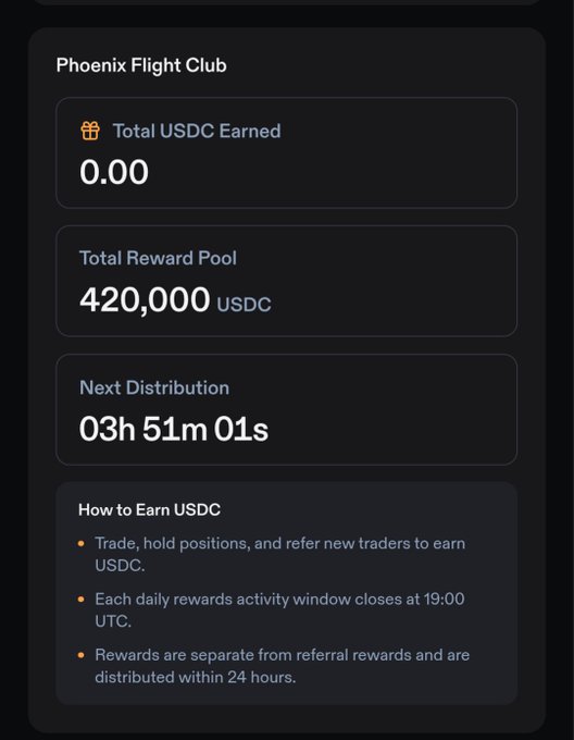 A screenshot of a "Phoenix Flight Club" rewards page showing "Total USDC Earned 0.00", "Total Reward Pool 420,000 USDC", and "Next Distribution 03h 51m 01s".