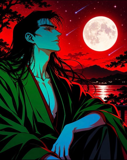 An anime-style illustration of a long-haired man in a green robe gazing at a full moon over a body of water against a red, starry sky with shooting stars.