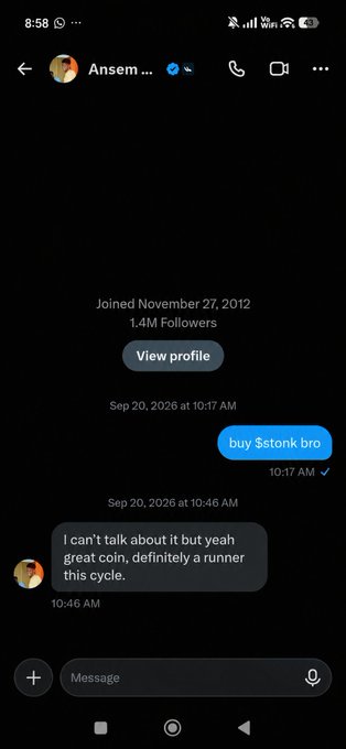 A screenshot of an Instagram direct message conversation with user 'Ansemblao' showing messages 'buy $stonk bro' and 'I can't talk about it but yeah great coin, definitely a runner this cycle.'