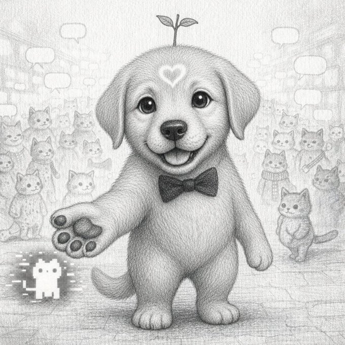 A pencil-style illustration of a cute puppy wearing a bow tie with a heart on its forehead and a sprout growing from its head, holding out its paw, surrounded by cats in the background and a pixelated cat character in the corner.