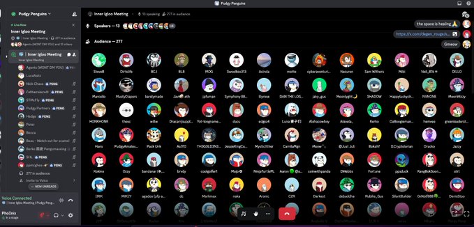 A screenshot of an Inner Igloo Meeting voice chat platform showing a large audience of 277 participants, with 15 speakers at the top and rows of circular user avatars below.