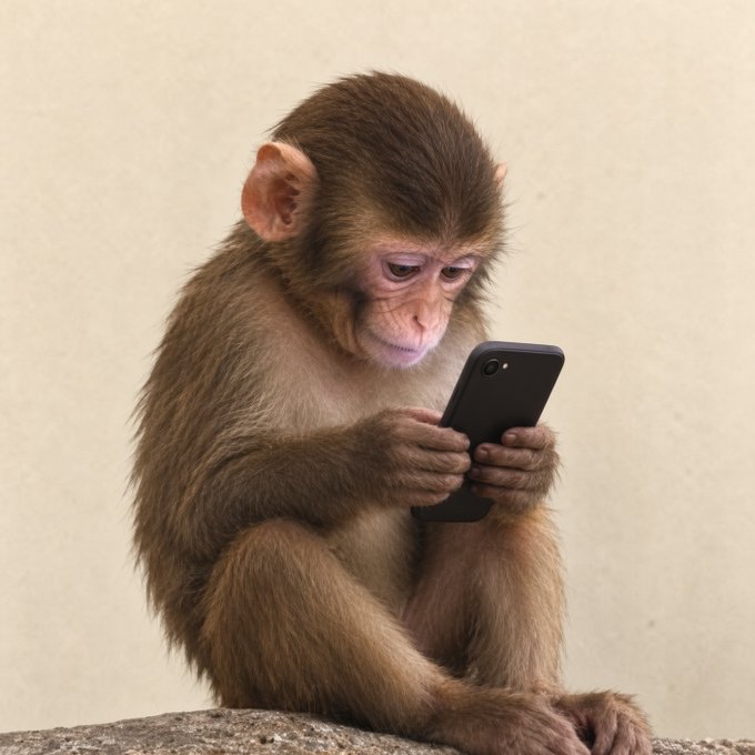 A young monkey intently looks at a smartphone held in both hands, humorously embodying the phrase "aping" as it mimics human behavior of scrolling through a phone.