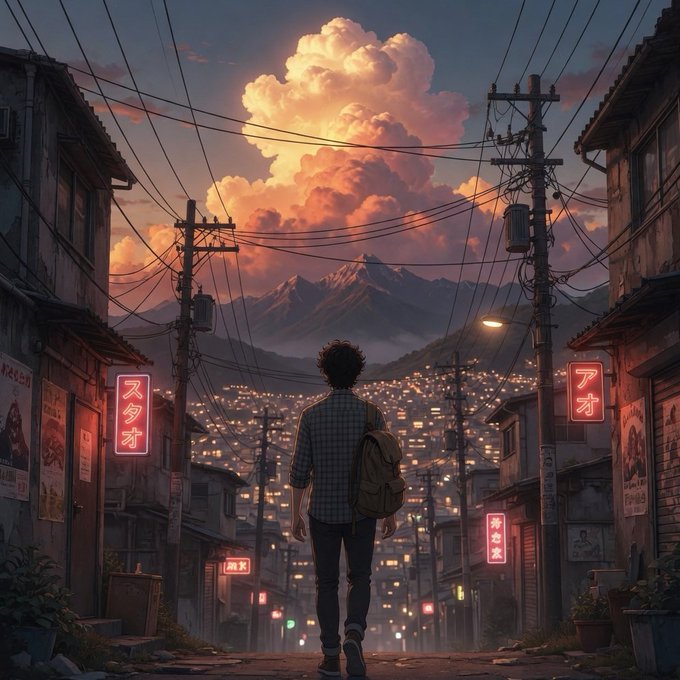 The scene depicts a man standing at the end of a road between two houses, looking out over an urban town from his position. There are lights shining down below him, creating a warm atmosphere as he gazes upwards towards a large cloud-filled sky. The image also contains some text in another language that could be related to trading or cryptocurrency, and possibly includes information about the day being trading day for the Bitcoin network, or it may just be an unrelated piece of information. The overall scene captures the contrast between the man's position at the edge of town looking towards the sky and the hustle and bustle happening below with lights and energy throughout the area.