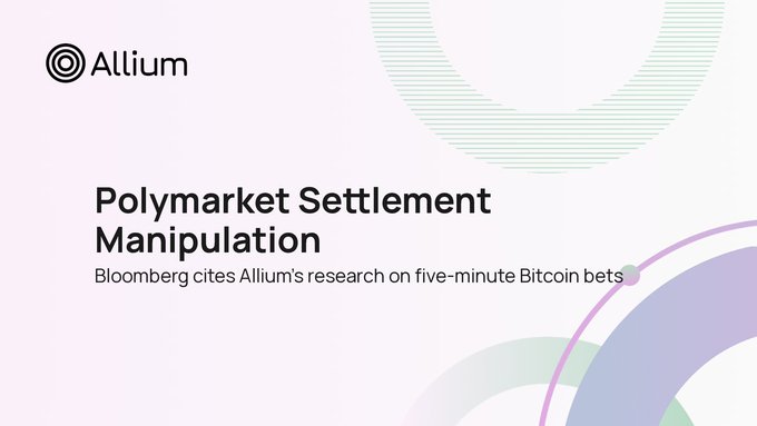 A webpage header from Allium titled "Polymarket Settlement Manipulation," subtitled "Bloomberg cites Allium's research on five-minute Bitcoin bets."