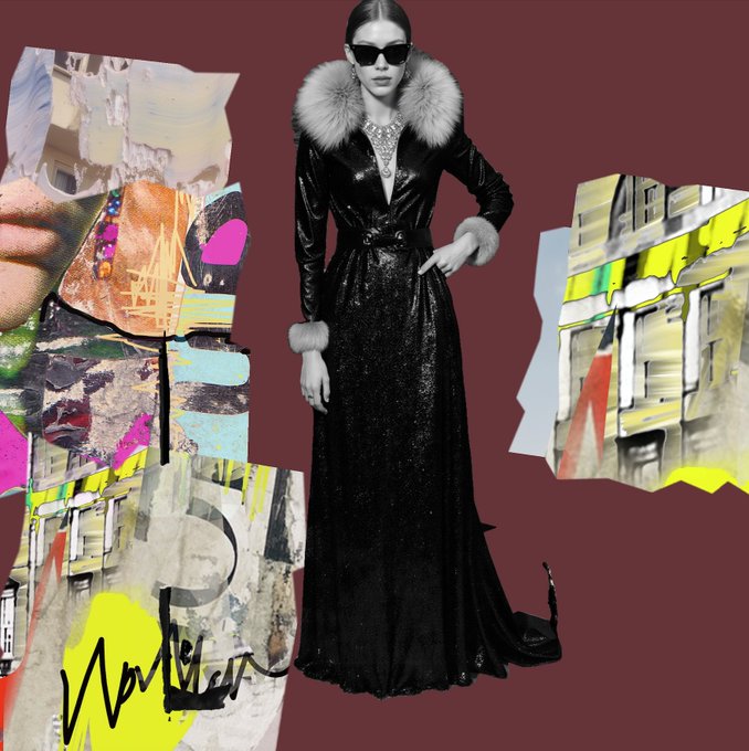 A fashion editorial collage featuring a model in a long black coat with fur trim and sunglasses, posed against a maroon background alongside abstract collaged textures and a signature.