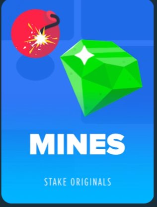 A blue promotional graphic for the 'MINES' game by 'STAKE ORIGINALS', featuring a red bomb and a green gem.