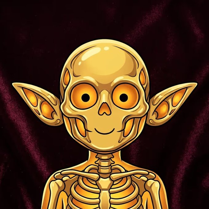 A golden cartoon skeleton character with large pointed ears, glowing eyes, and a mischievous smile is displayed against a dark maroon background, serving as the visual mascot for the "g00bsnfts" NFT collection. The character's quirky, goblin-like aesthetic aligns with the playful branding of the free mint announcement.