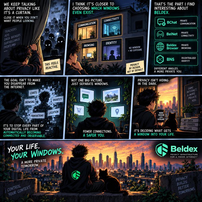 A comic-style promotional graphic for 'Beldex' featuring multiple panels about privacy and windows, with text like 'YOUR LIFE. YOUR WINDOWS.' and a list of Beldex services including BChat, BelNet, Beldex Browser, and BNS.