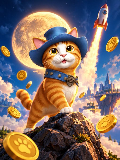 A cartoon orange tabby cat wearing a blue cowboy hat and collar stands on a rocky outcrop with a full moon, rocket ship, and floating gold paw-print coins in a fantasy sky.