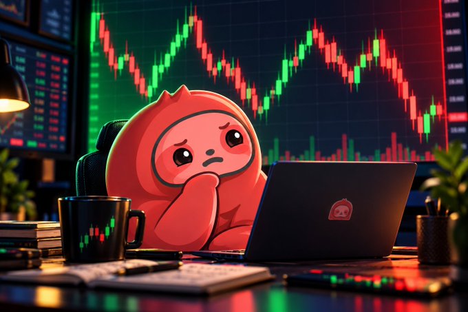A cartoon-style illustration of a sad red/pink character with large tearful eyes sitting at a desk looking at a laptop, with a stock chart showing red and green candlesticks in the background.
