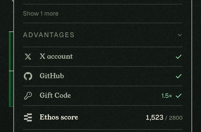 A dark-themed profile interface displays 'ADVANTAGES' including verified 'X account', 'GitHub', a 'Gift Code' (1.5x), and an 'Ethos score' of 1,523/2800.