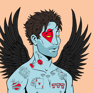 An illustrated blue-skinned figure with black feathered wings displays prominent playing card and "DeGods" tattoo designs across his chest, visually embodying the bold "FUCK IT WE BALL" energy of the @DeGodsNFT announcement. The winged character serves as a striking avatar to rally excitement for the upcoming event.