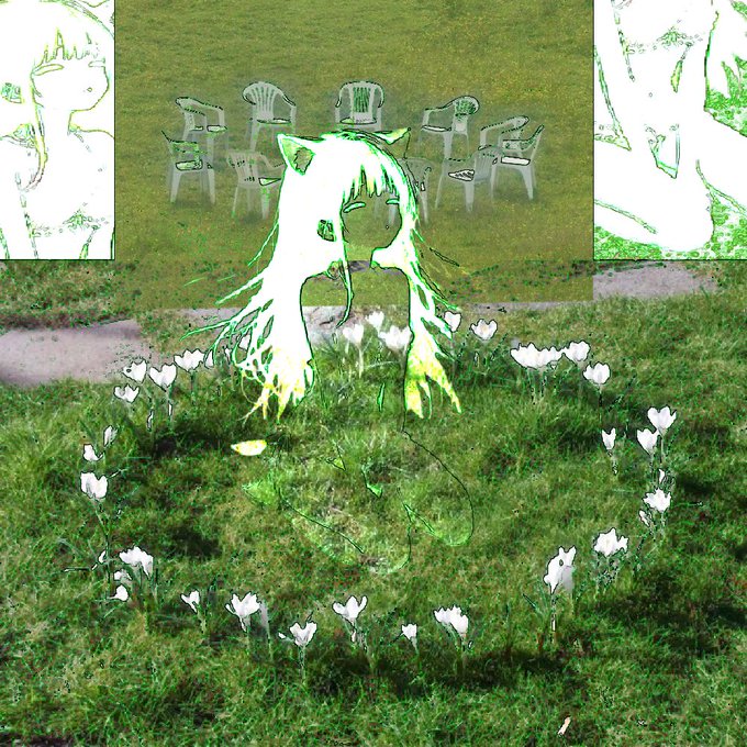 A glitchy, heavily filtered photograph showing a person with long white hair in a grassy area surrounded by a circle of white flowers, with plastic chairs in the background.