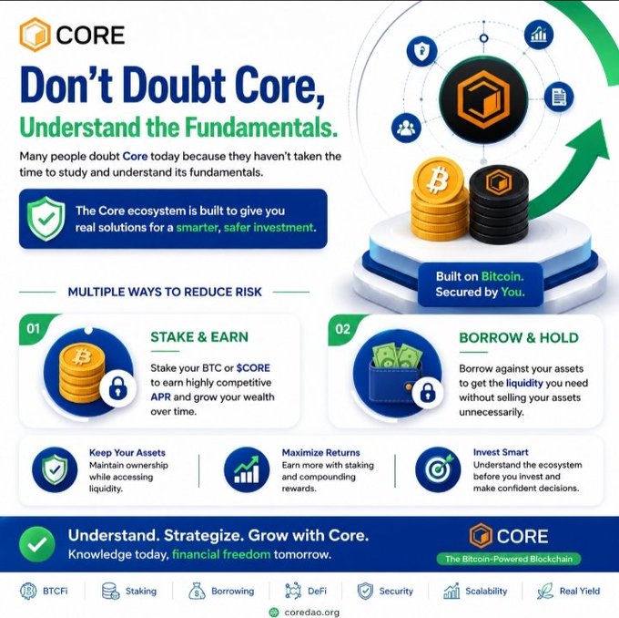 A promotional infographic titled 'Don't Doubt Core, Understand the Fundamentals' promoting the Core blockchain ecosystem with sections on 'STAKE & EARN' and 'BORROW & HOLD', branded with 'coredao.org'.
