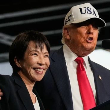 Donald Trump and a smiling Japanese woman, likely representing U.S. and Japanese interests, are pictured together. This image relates to the news of the U.S. and Japan coordinating to sell euros and support the yen, an action that reportedly surprised the European Central Bank.