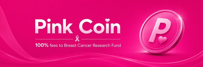 A bold pink banner advertises "$PINK – Pink Coin," featuring a 3D pink coin with a heart symbol and the tagline "100% fees to Breast Cancer Research Fund," reinforcing the post's message of simple, memorable branding on Solana.