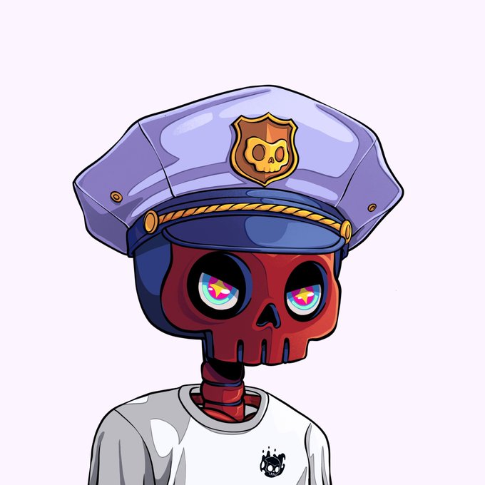 A cartoon illustration of a red skeleton character wearing a purple police officer's hat with a skull badge.