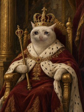 An artistic portrait of a white cat wearing royal regalia, including a golden crown and red velvet robes with ermine trim, holding a scepter while seated on a throne.