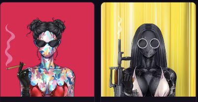 A split-screen digital artwork shows a colorful female character smoking on the left against a red background, and a masked female character holding a rifle on the right against a yellow background.
