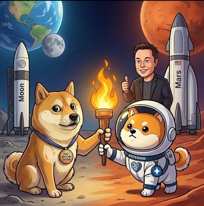 A cartoon depicts a Shiba Inu dog holding a torch with Elon Musk giving a thumbs-up, alongside a smaller astronaut dog, set against a space backdrop featuring Earth, Moon, and Mars with rockets labeled "Moon" and "Mars."
