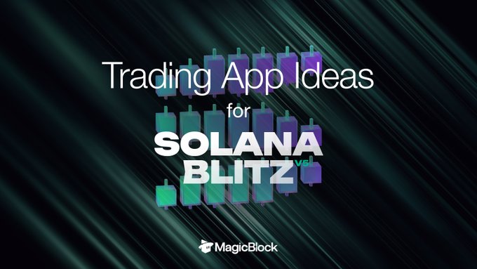 The image features a poster for a trading app called "Solana Blitz". The poster has a black background with white text that reads "Trading App Ideas For Solana Blitz" at the top, followed by five different ideas related to the trading app. These ideas include using the app as an investment tool and creating a community around it.